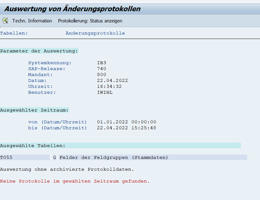Auswertung der Änderungsprotokolle der Tabelle T055